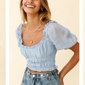 Cropped periwinkle top with puffed sleeve
